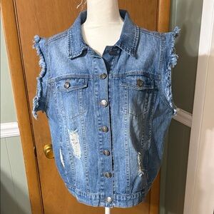 POL Blue Denim Vest with Brown Threading Size S